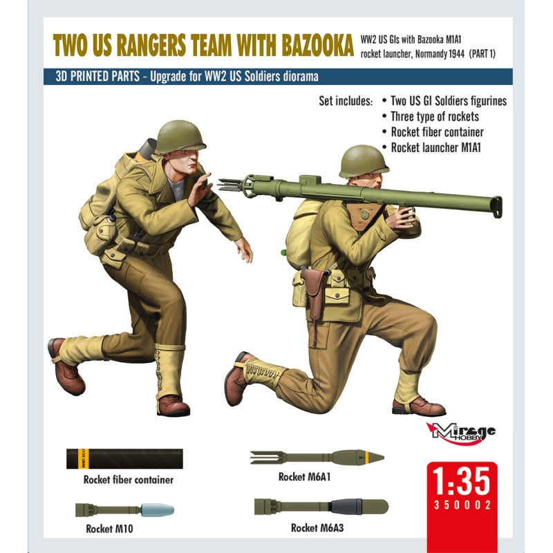 Mirage Hobby 350002 Deux Rangers américains avec bazooka - Seconde Guerre mondiale, lance-roquettes M1A1, Normandie 1944 (Partie 1) 1/35