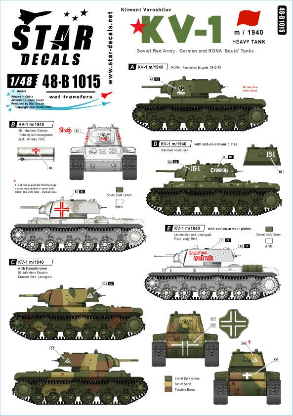 Star Decals 48-B1015 KV-1 m/1940 Char lourd 1/48