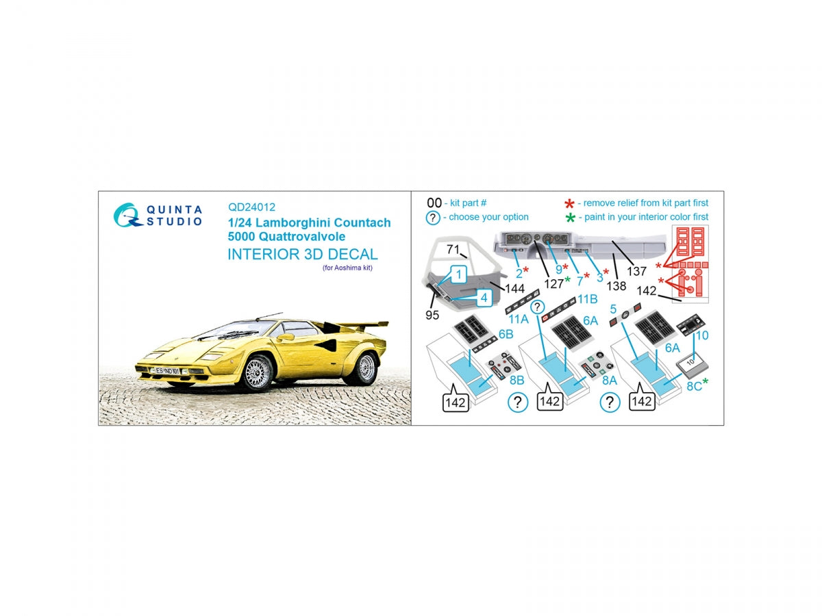 Quinta Studio QD24012 Lamborghini Countach 5000 QV 3D-Printed coloured Interior on decal paper (Aoshima) 1/24 – zdjęcie 2