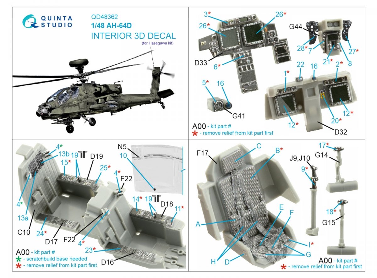 Intérieur imprimé en 3D et coloré sur papier décalcomanie Quinta Studio QD48362 AH-64D (Hasegawa) 1/48  – Bild 2