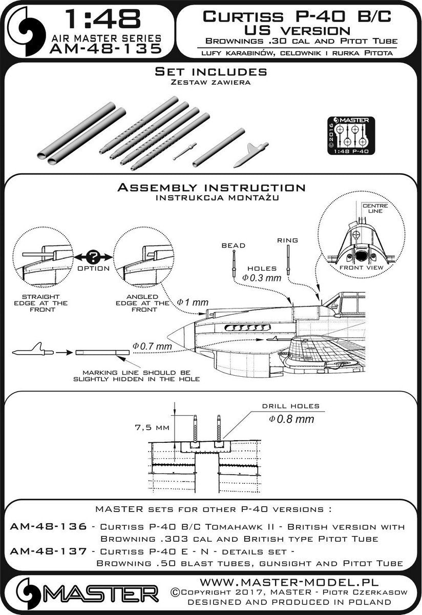 Master AM-48-135 Curtiss P-40 B/C - Version américaine - Canons de fusil Browning de calibre .30 et tubes Pitot version américaine (1/48) – image 4