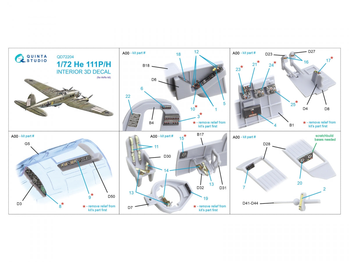 Quinta Studio QD72204 He 111 P/H 3D-Printed &amp;amp; coloured Interior on decal paper (Airfix) 1/72 – zdjęcie 11