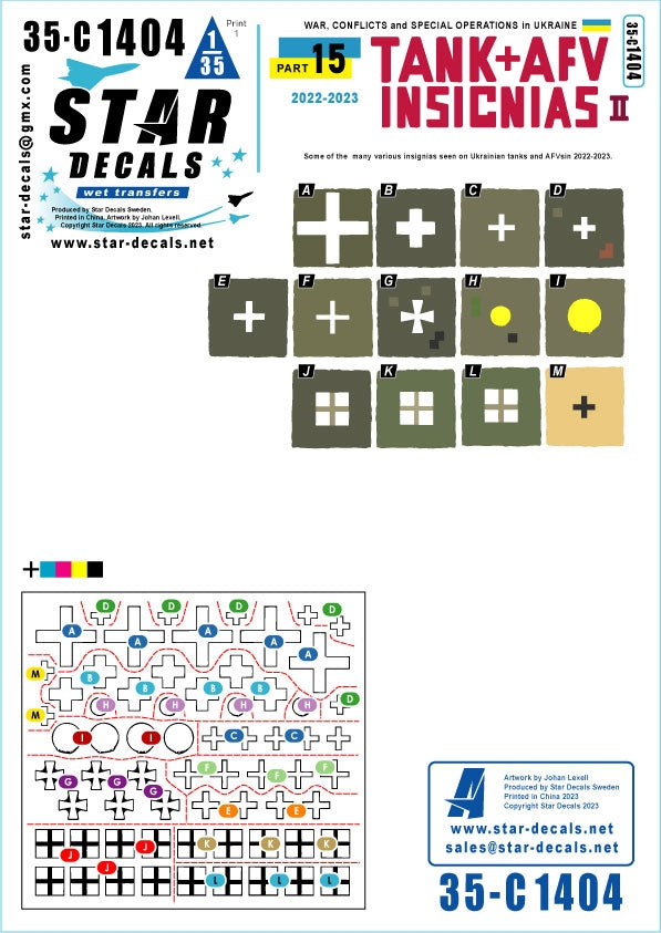 Star Decals 35-C1404 Guerre en Ukraine n° 15 Insignes de chars et véhicules blindés ukrainiens (II). Quelques-uns des nombreux insignes variés observés en 2022-2023. Échelle 1/35.