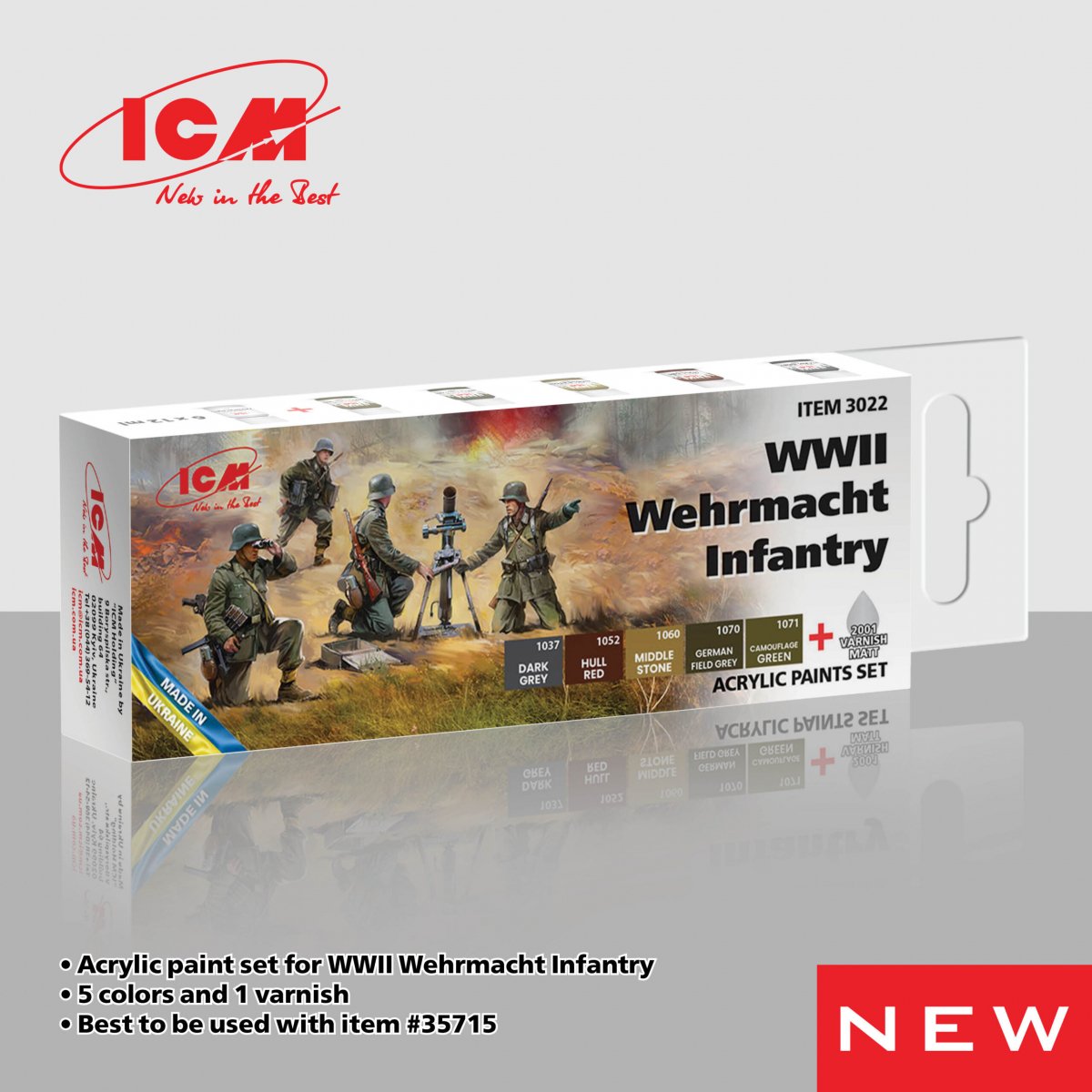 Coffret de peinture acrylique ICM 3022 pour l'infanterie de la Wehrmacht de la Seconde Guerre mondiale (5 x 12 ml) + vernis Maat