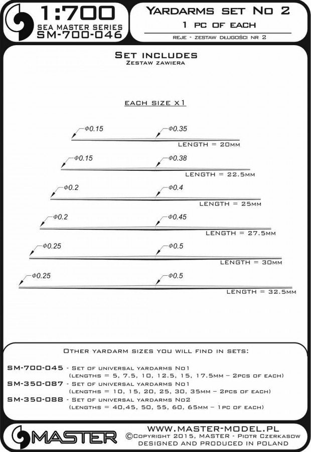 Master SM-700-046 Jeu de vergues universelles n° 2 (longueurs = 20, 22,5, 25, 27,5, 30, 32,5 mm - 1 pièce de chaque) (1/700) – immagine 3