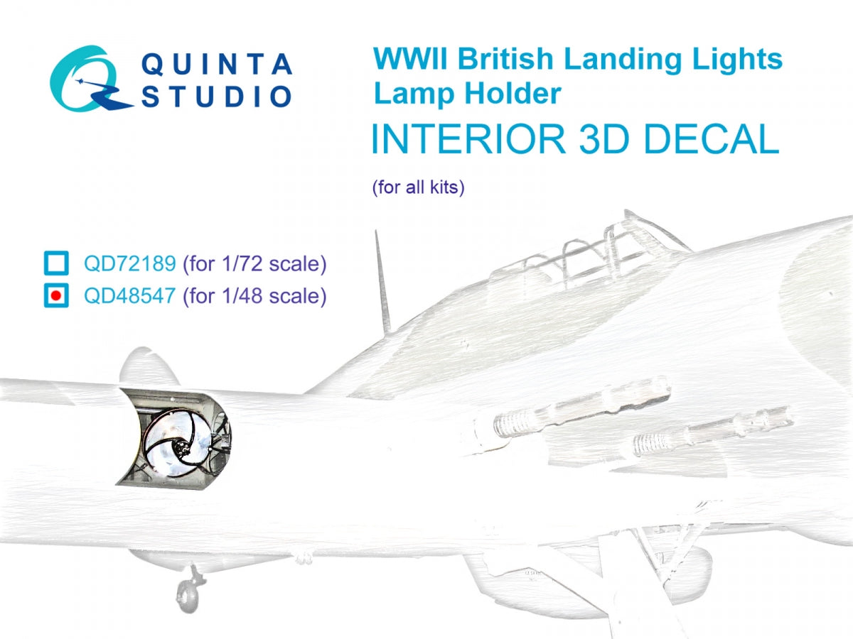 Support de lampe Quinta Studio QD48547 pour phares d&amp;#39;atterrissage britanniques de la Seconde Guerre mondiale, imprimé en 3D et coloré. Intérieur sur papier décalcomanie (tous kits) 1/48