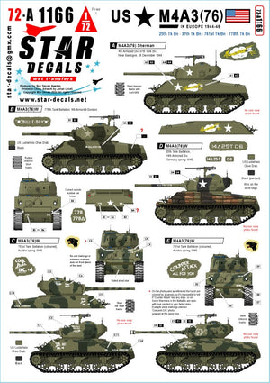 Star Decals 72-A1166 US M4A3(76) en Europe 1944-45. 25e bataillon de chars. 37e bataillon de chars. 761e bataillon de chars. 778e bataillon de chars. Échelle 1/72