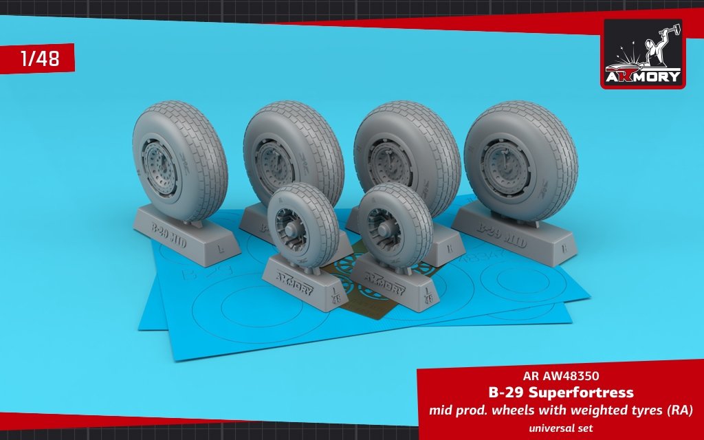 Armory Models AW48350 B-29 Superfortress roues de production moyenne avec pneus lestés (RA) et enjoliveurs en photodécoupe 1/48