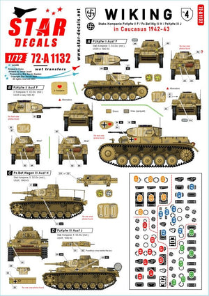 Star Decals 72-A1132 Wiking #4. 5. SS-Wiking in Caucasus 1942-43. Pz II Ausf F, Pz.Bef.Wg III Ausf H and Pz III Ausf J. 1/72