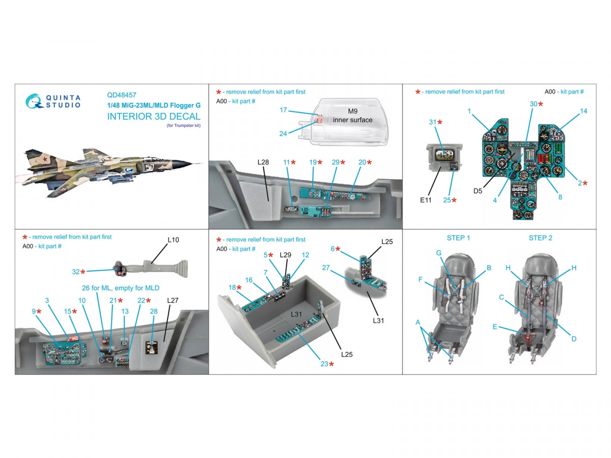 Quinta Studio QD48457 MiG-23ML/MiG-23MLD 3D-Printed &amp; coloured Interior on decal paper (Trumpeter) 1/48