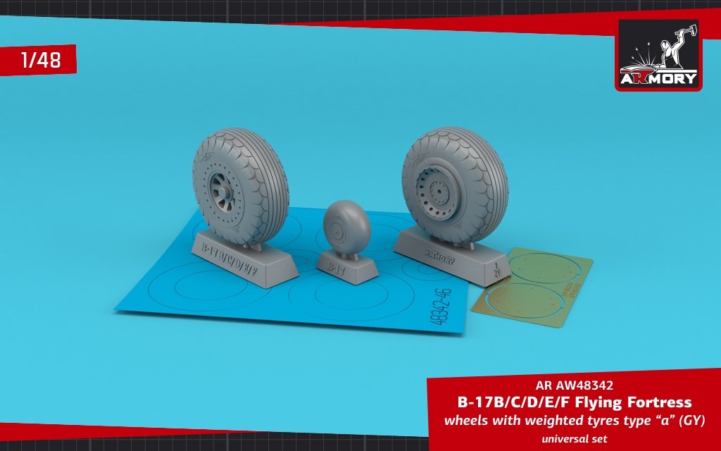 Armory Models AW48342 Roues B-17B/C/D/E/F Flying Fortress avec pneus lestés type « a » (GY) et enjoliveurs en photodécoupe 1/48