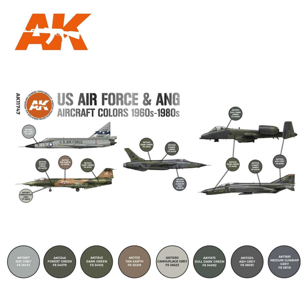 AK Interactive AK11747 Couleurs des avions de l&amp;#39;US Air Force et de la Garde nationale aérienne (années 1960-1980) 8 x 17 ml – image 2