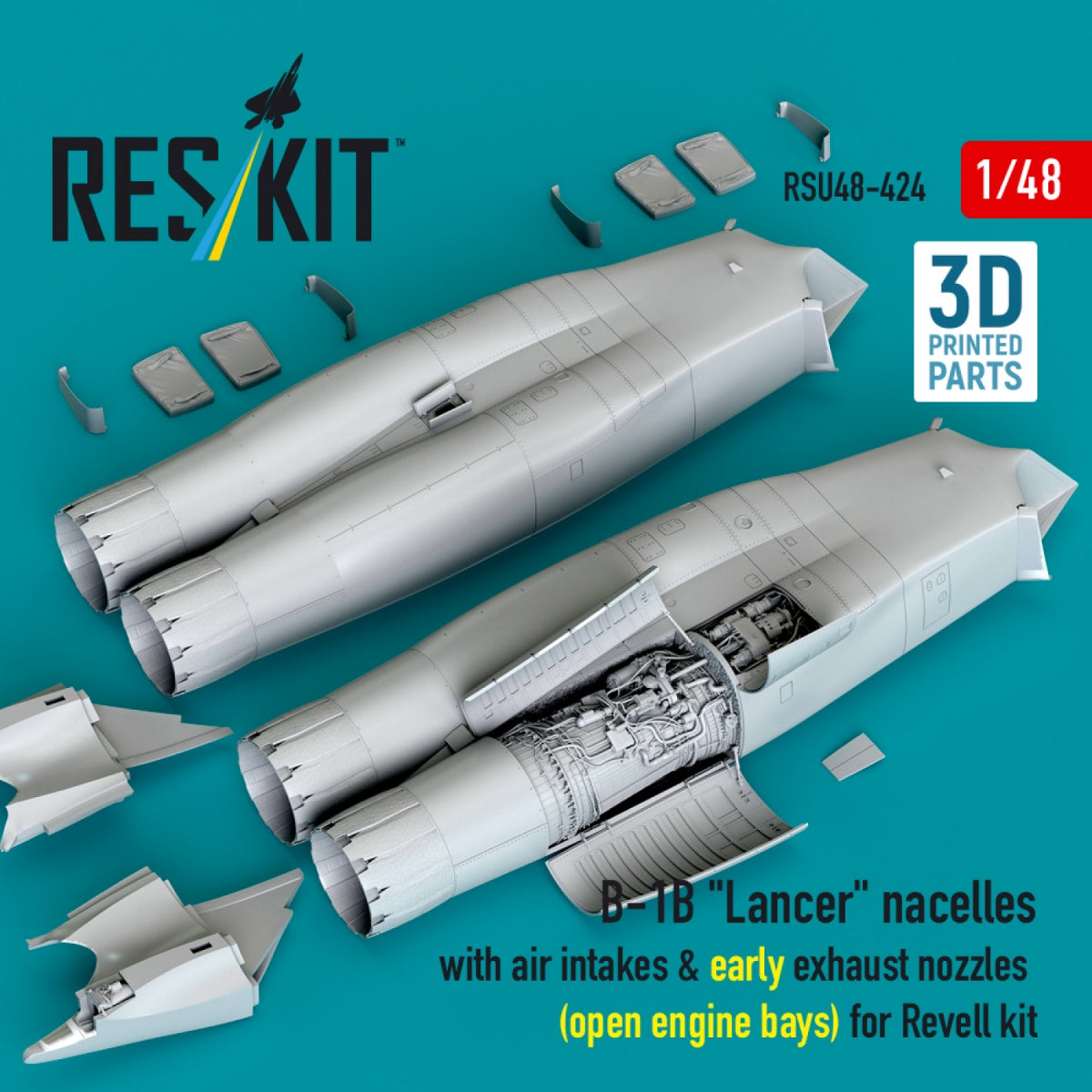 RESKIT RSU48-0424 B-1B "Lancer" nacelles with air intakes & early exhaust nozzles (open engine bay) for Revell kit (3D Printed) 1/48