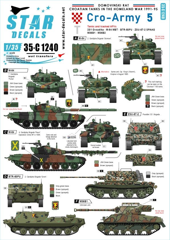 Star Decals 35-C1240 2S1 Gvozdika, M-84 MBT, BTR-50PU, ZSU-57-2 SPAAG, M36B1 et M36B2 1/35