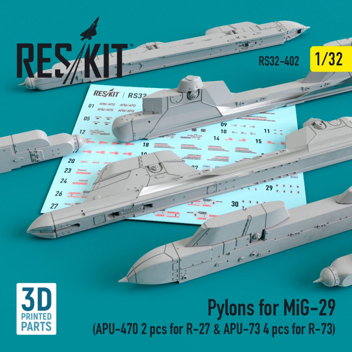 Pylônes RESKIT RS32-0402 pour MiG-29 (2 APU-470 pour R-27 et 4 APU-73 pour R-73) 1/32