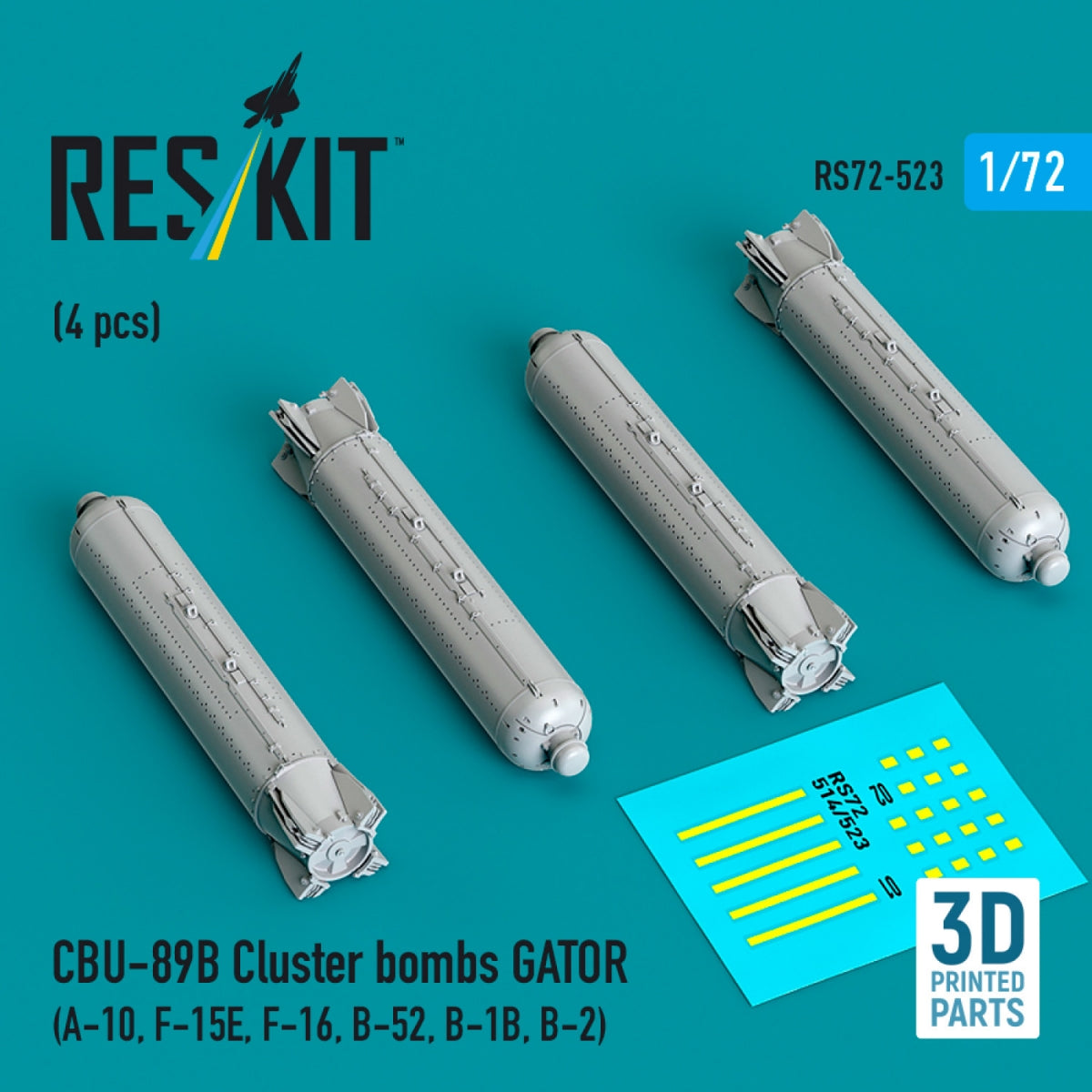 RESKIT RS72-0523 Bombes à fragmentation CBU-89B GATOR (4 pièces) (Impression 3D) 1/72