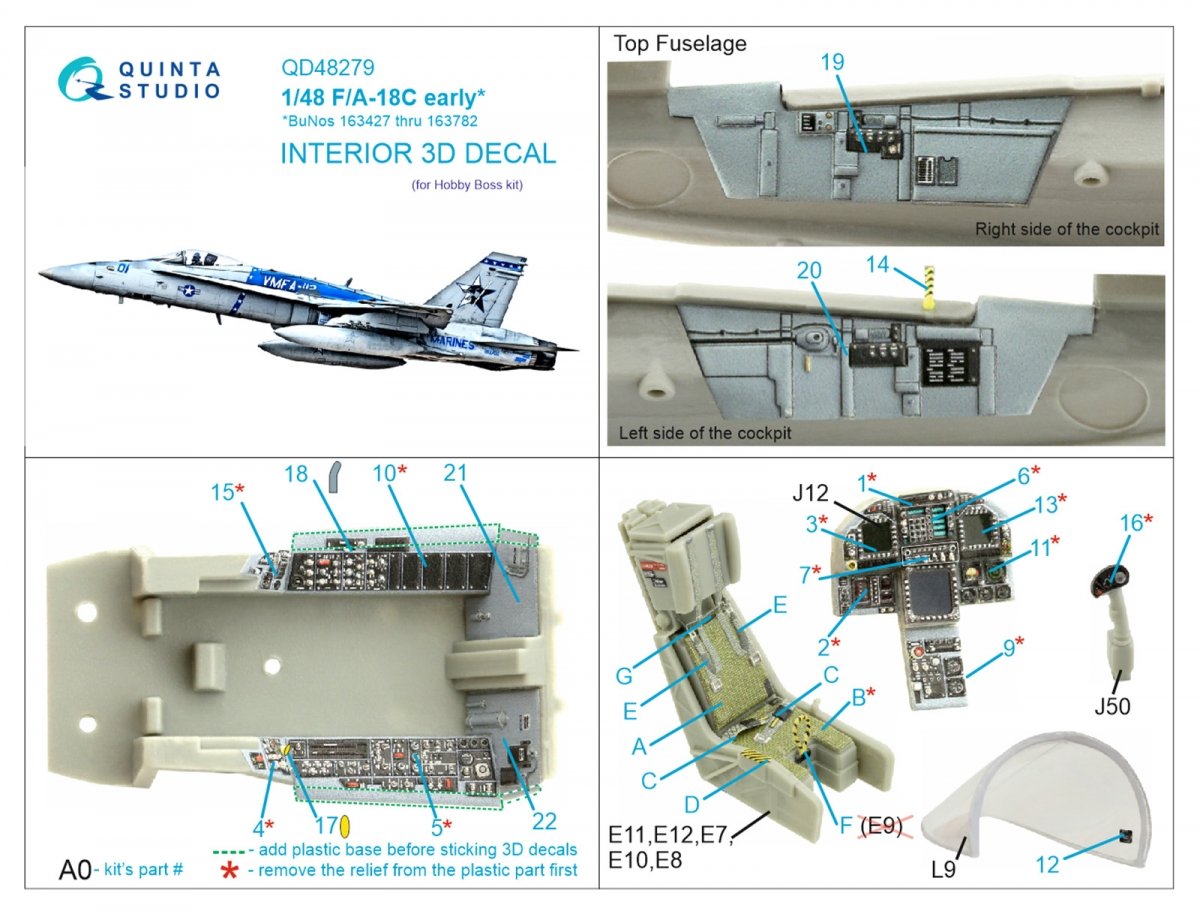 Intérieur imprimé en 3D et coloré sur papier décalcomanie Quinta Studio QD48279 F/A-18C (première génération) (HobbyBoss) 1/48  – image 2