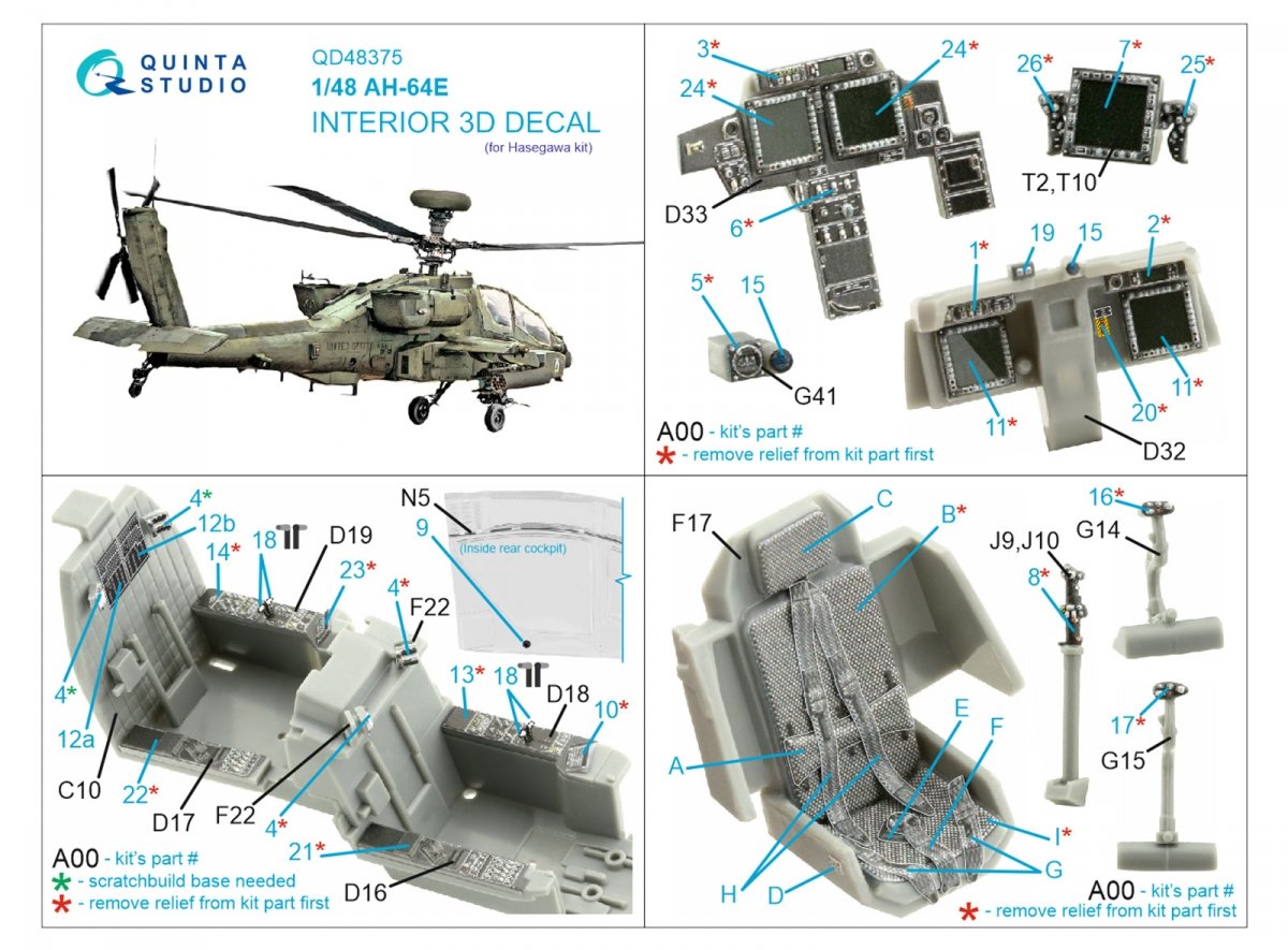 Intérieur imprimé en 3D et coloré sur papier décalcomanie Quinta Studio QD48375 AH-64E (Hasegawa) 1/48 – image 2