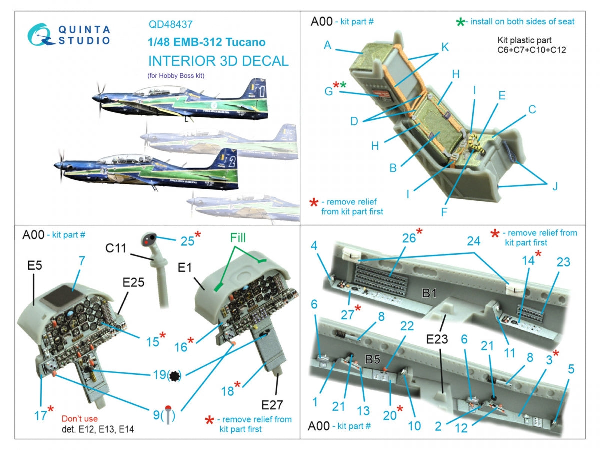 Intérieur coloré imprimé en 3D sur papier décalcomanie Quinta Studio QD48437 EMB-312 Tucano (Hobby Boss) 1/48 – immagine 2