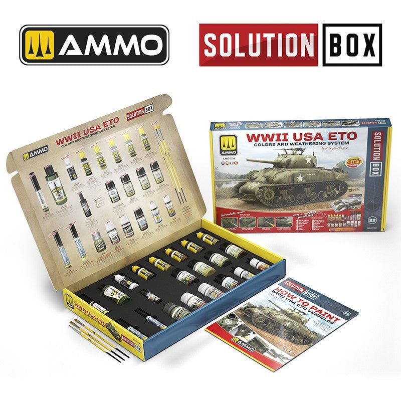 AMMO par Mig Jimenez 7728 SOLUTION BOX 22 – Seconde Guerre mondiale USA ETO. Système de couleurs et de vieillissement – image 2