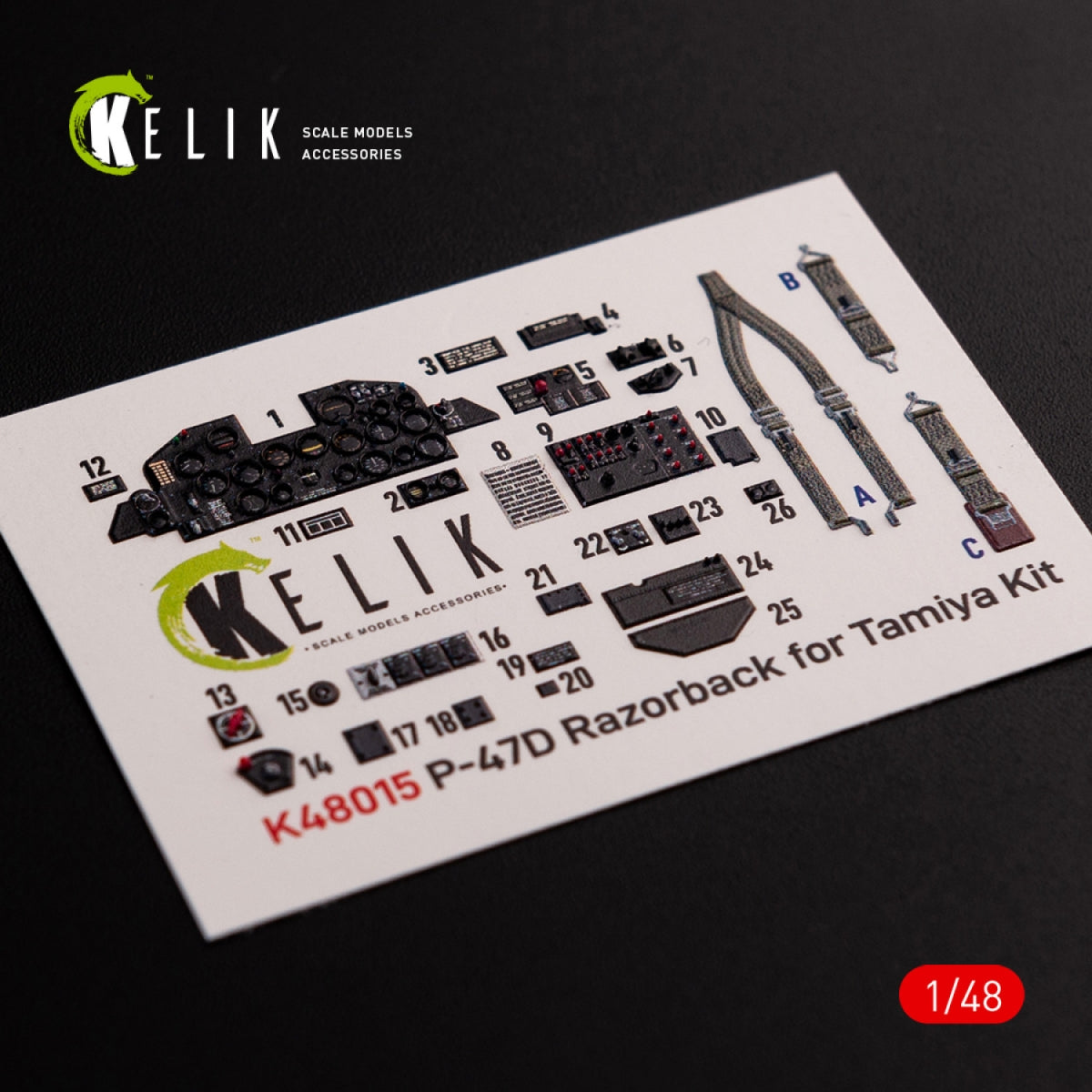 Décalcomanies 3D intérieures KELIK K48015 P-47D « Razorback » pour maquette Tamiya au 1/48