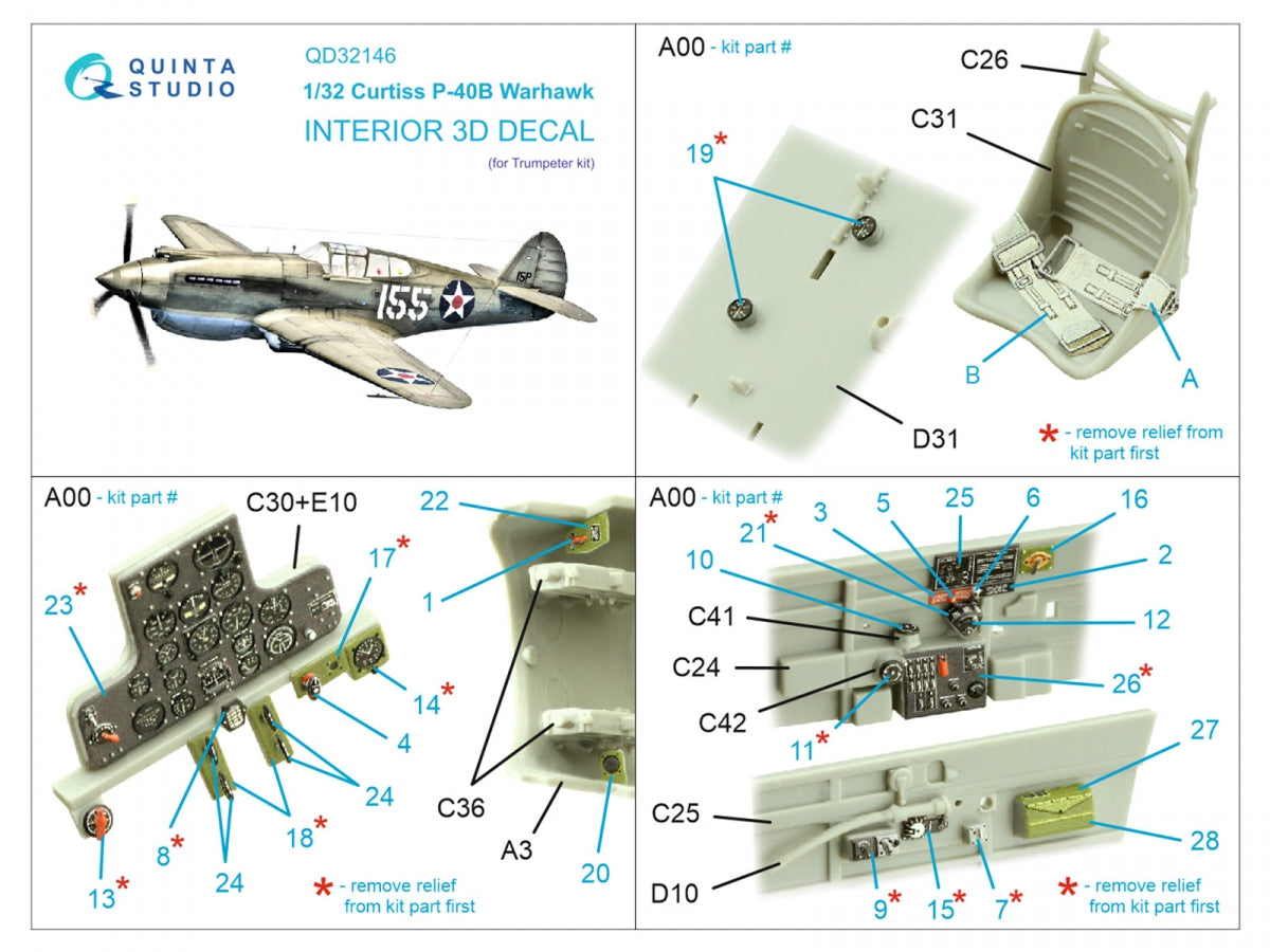 Intérieur imprimé en 3D et coloré sur papier décalcomanie Quinta Studio QD32146 P-40B Warhawk (Trumpeter) 1/32  – image 2