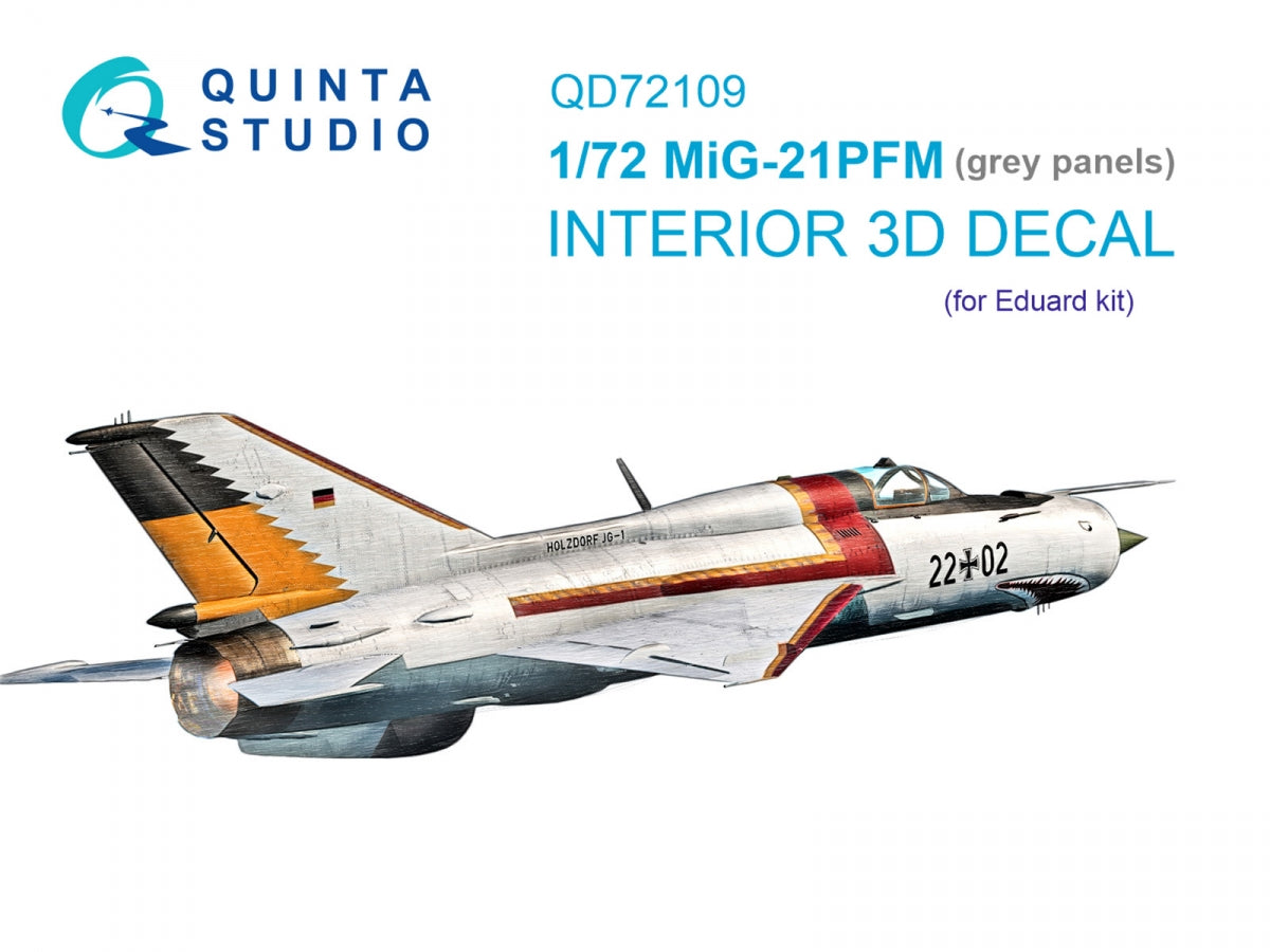 Quinta Studio QD72109 MiG-21PFM Panneaux gris Intérieur imprimé en 3D et coloré sur papier décalcomanie (Eduard) 1/72