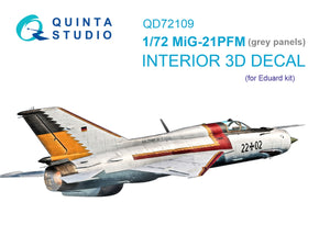 Quinta Studio QD72109 MiG-21PFM Panneaux gris Intérieur imprimé en 3D et coloré sur papier décalcomanie (Eduard) 1/72