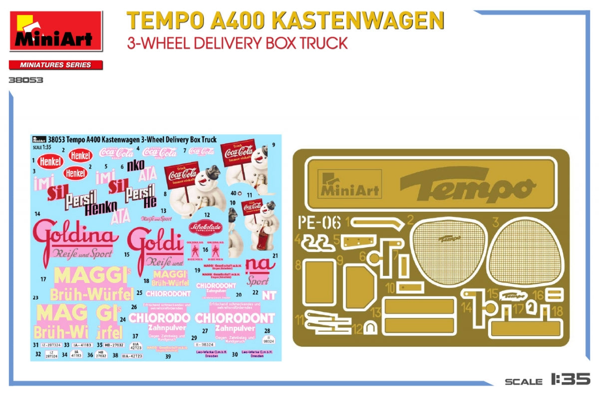 MiniArt 38053 TEMPO A400 KASTENWAGEN CAMION CAISSE DE LIVRAISON À 3 ROUES 1/35  – immagine 2
