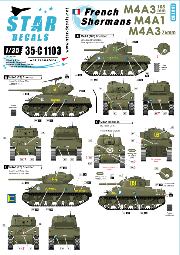 Star Decals 35-C1103 Shermans français n° 2 1/35