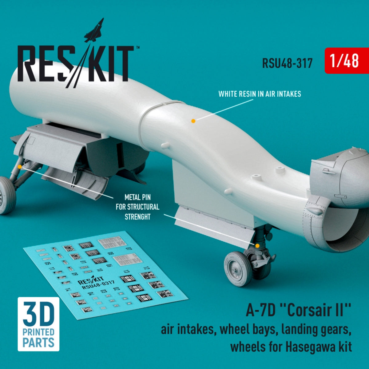 RESKIT RSU48-0317 A-7D « CORSAIR II » : prises d'air, puits de train d'atterrissage, trains d'atterrissage, roues pour maquette Hasegawa (impression 3D) au 1/48