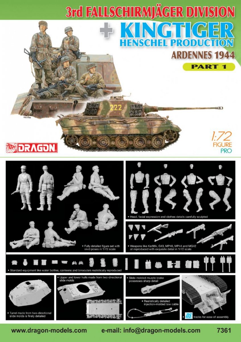 Dragon 7361 3e Division Fallschirmjager + Kingtiger Henschel Production (Ardennes 1944) Partie 1 1/72