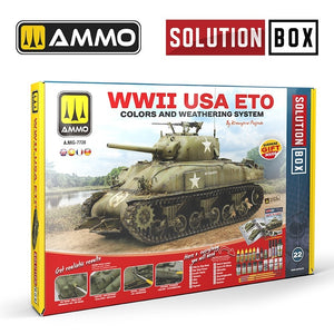 AMMO par Mig Jimenez 7728 SOLUTION BOX 22 – Seconde Guerre mondiale USA ETO. Système de couleurs et de vieillissement
