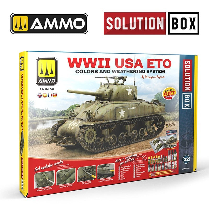 AMMO par Mig Jimenez 7728 SOLUTION BOX 22 – Seconde Guerre mondiale USA ETO. Système de couleurs et de vieillissement
