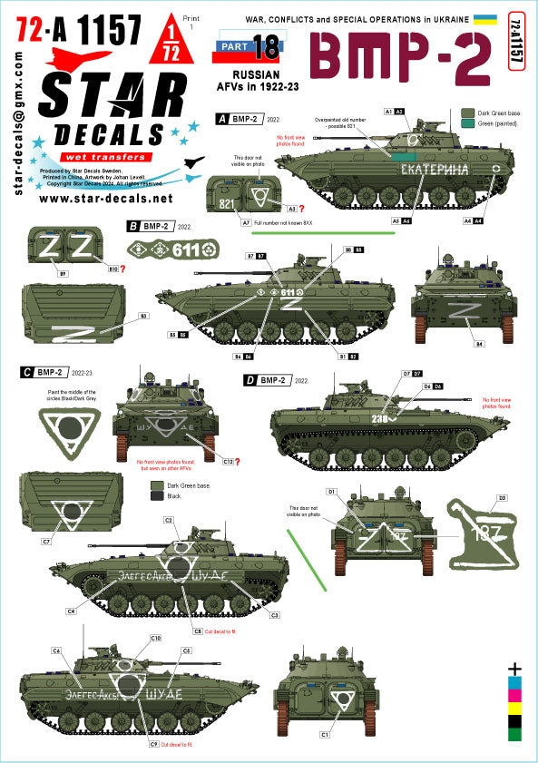 Star Decals 72-A1157 Guerre en Ukraine n° 18. BMP-2 russe en 2022-23, échelle 1/72