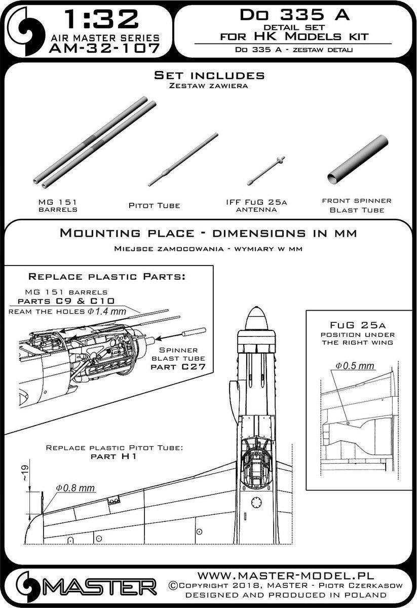 Master AM-32-107 Do 335 A – ensemble de détails – MG 151, antenne FuG 25a, tube pitot (pour HK Models) (1/32) – immagine 3