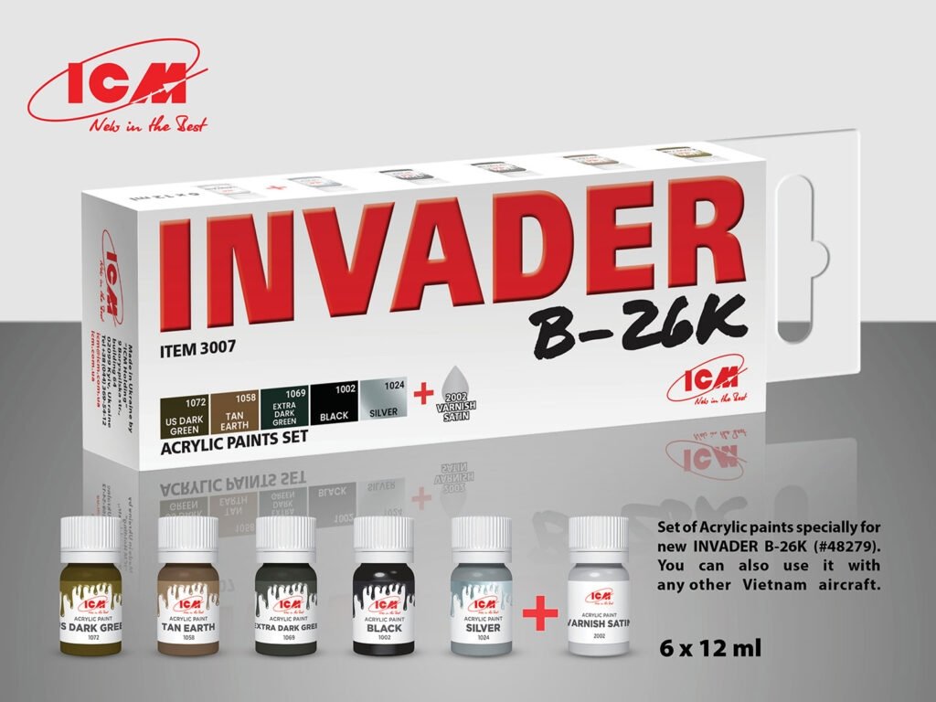Coffret de peinture acrylique ICM 3007 pour INVADER B-26K (et autres avions du Vietnam) 6 x 12 ml 