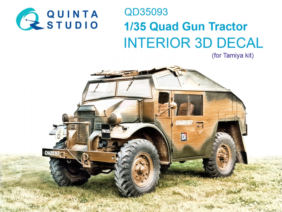 Intérieur imprimé en 3D et coloré sur papier décalcomanie pour le tracteur Quad Gun de Quinta Studio QD35093 (Tamiya) à l'échelle 1/35