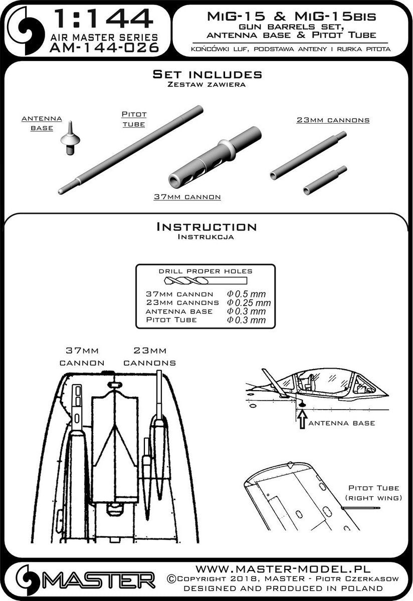 Master AM-144-026 MiG-15, MiG 15 bis - embouts de canon, embase d&amp;#39;antenne et tube de Pitot 1/144 – immagine 3