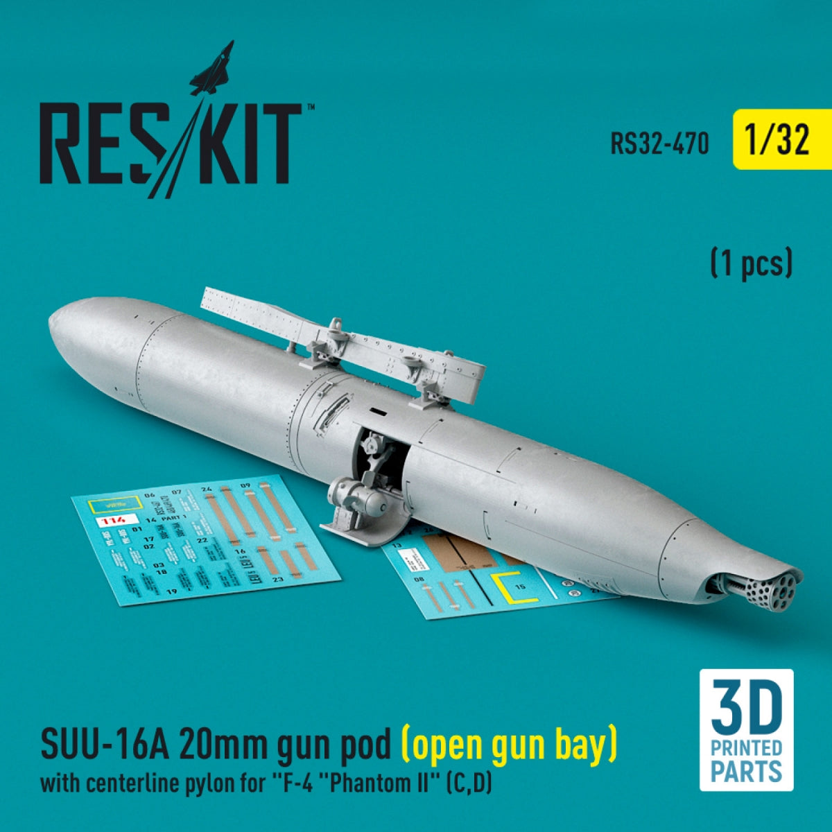 RESKIT RS32-0470 Nacelle de canon SUU-16A de 20 mm (baie ouverte) avec pylône central pour F-4 Phantom II (C, D) (1 pièce) (Impression 3D) 1/32 – imagen 2