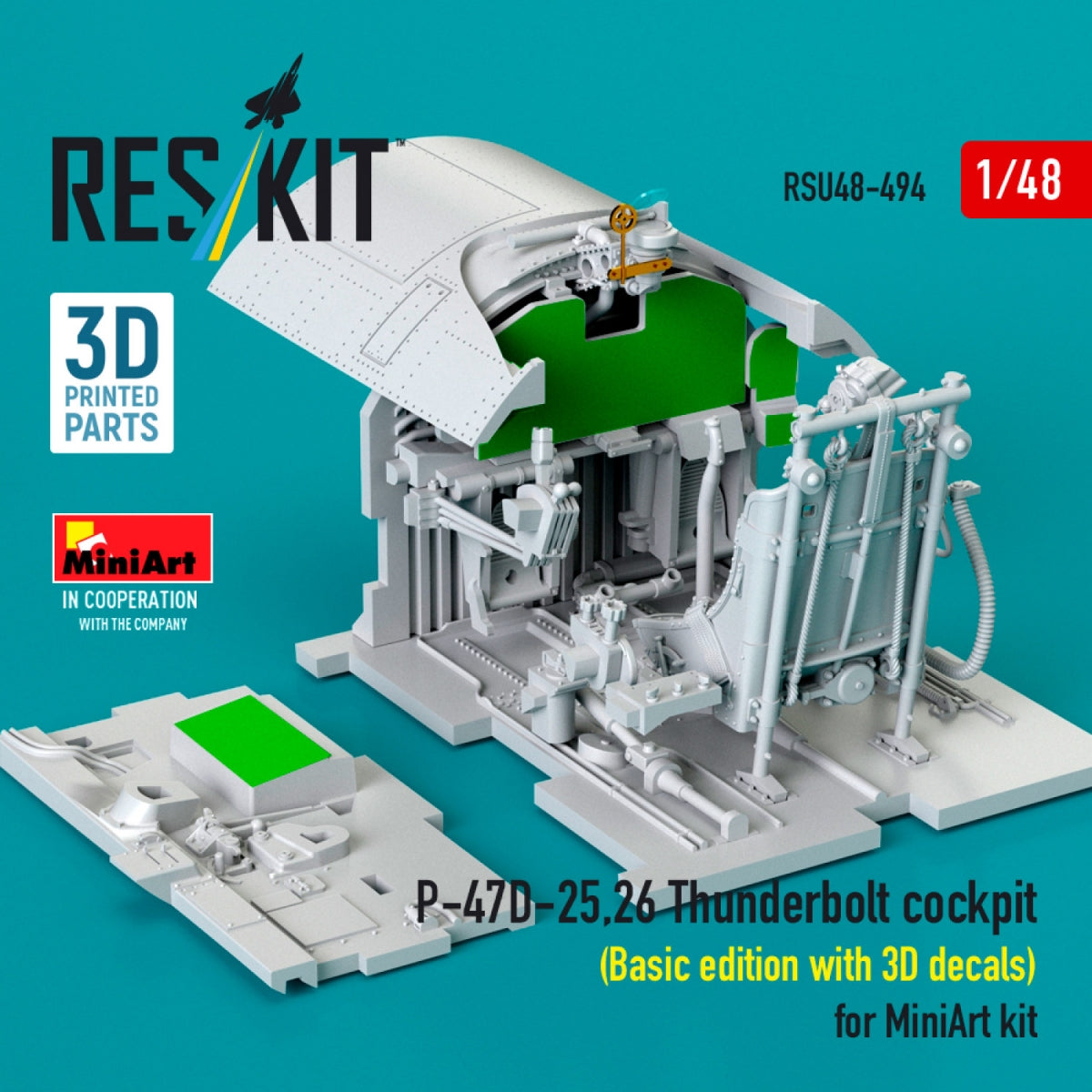 RESKIT RSU48-0494 P-47D-25,26 Thunderbolt cockpit (Basic edition with 3D decals) for MiniArt kit (3D Printed) 1/48