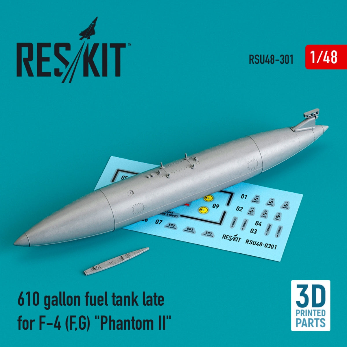 Réservoir de carburant RESKIT RSU48-0301 de 610 gallons pour F-4 tardif (F,G) « Phantom II » (imprimé en 3D) à l'échelle 1/48