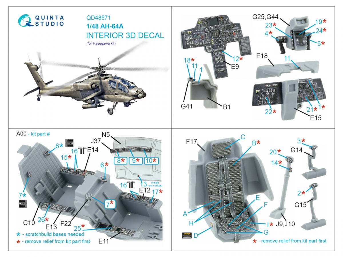 Intérieur imprimé en 3D et coloré sur papier décalcomanie Quinta Studio QD48571 AH-64A (Hasegawa) 1/48 – immagine 12