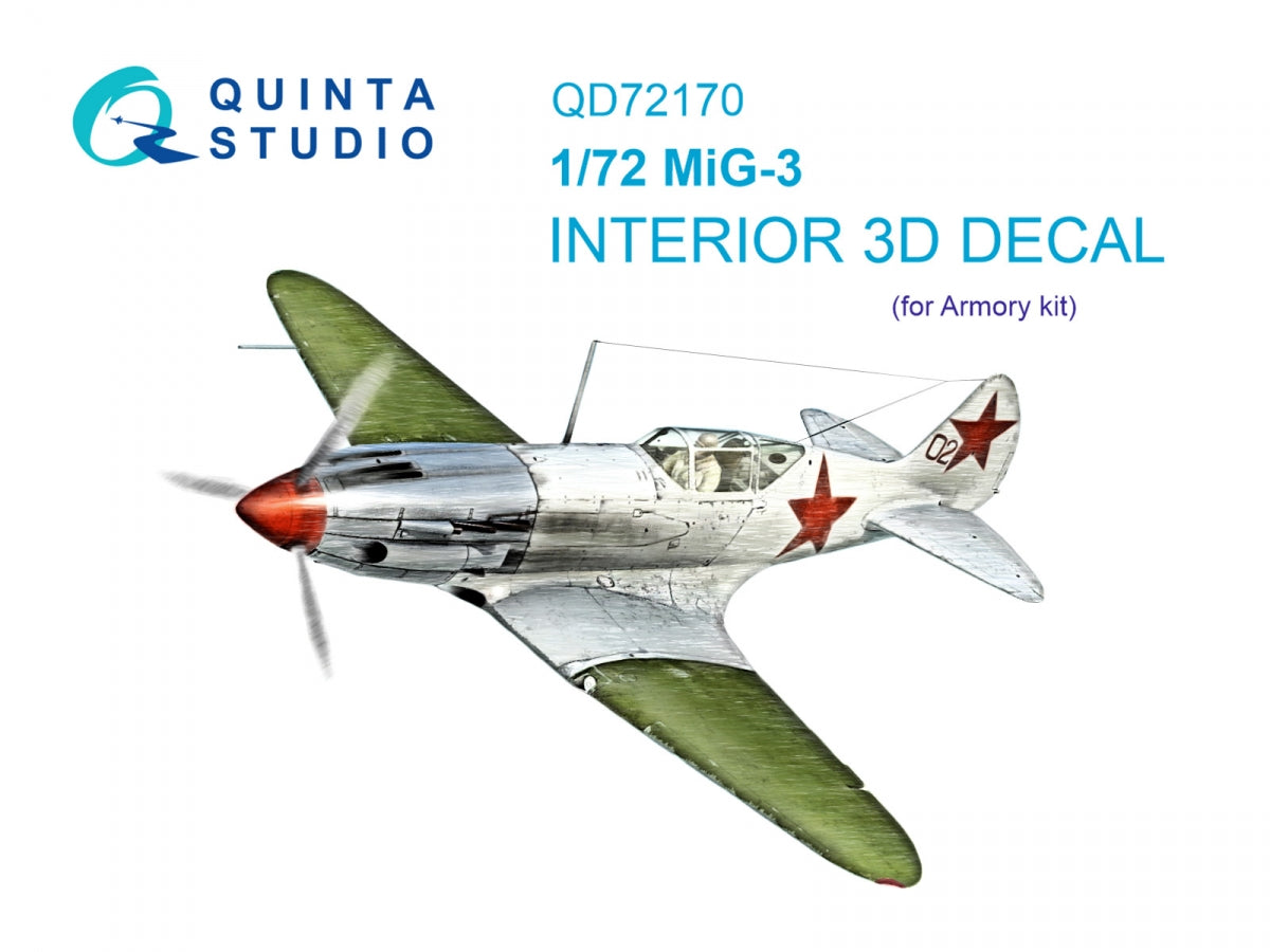 Quinta Studio QD72170 MiG-3 Intérieur coloré imprimé en 3D sur papier décalcomanie (Armory) 1/72