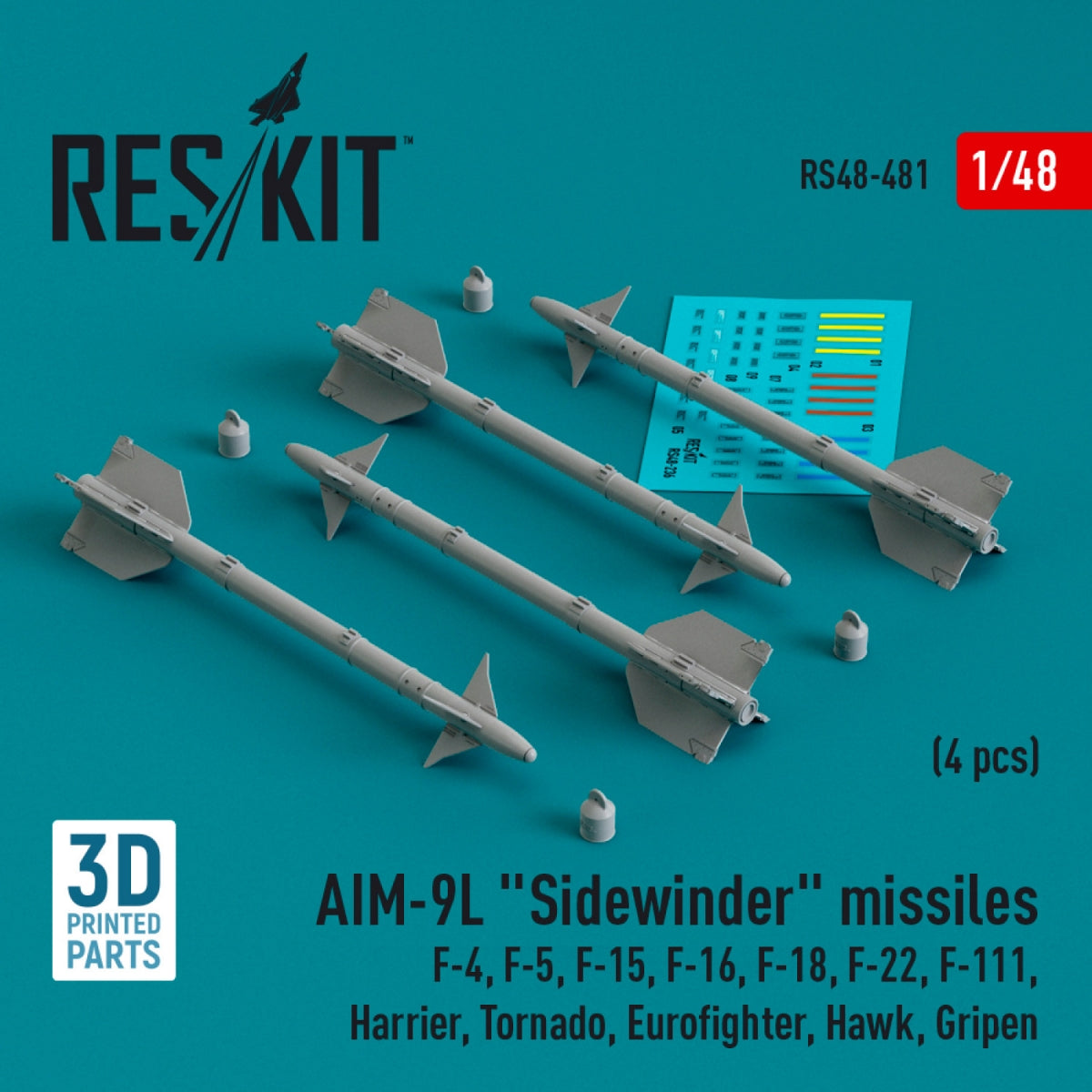 Missiles RESKIT RS48-0481 AIM-9L « Sidewinder » (4 pièces) (Impression 3D) 1/48