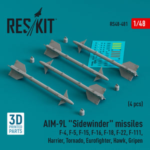 Missiles RESKIT RS48-0481 AIM-9L « Sidewinder » (4 pièces) (Impression 3D) 1/48
