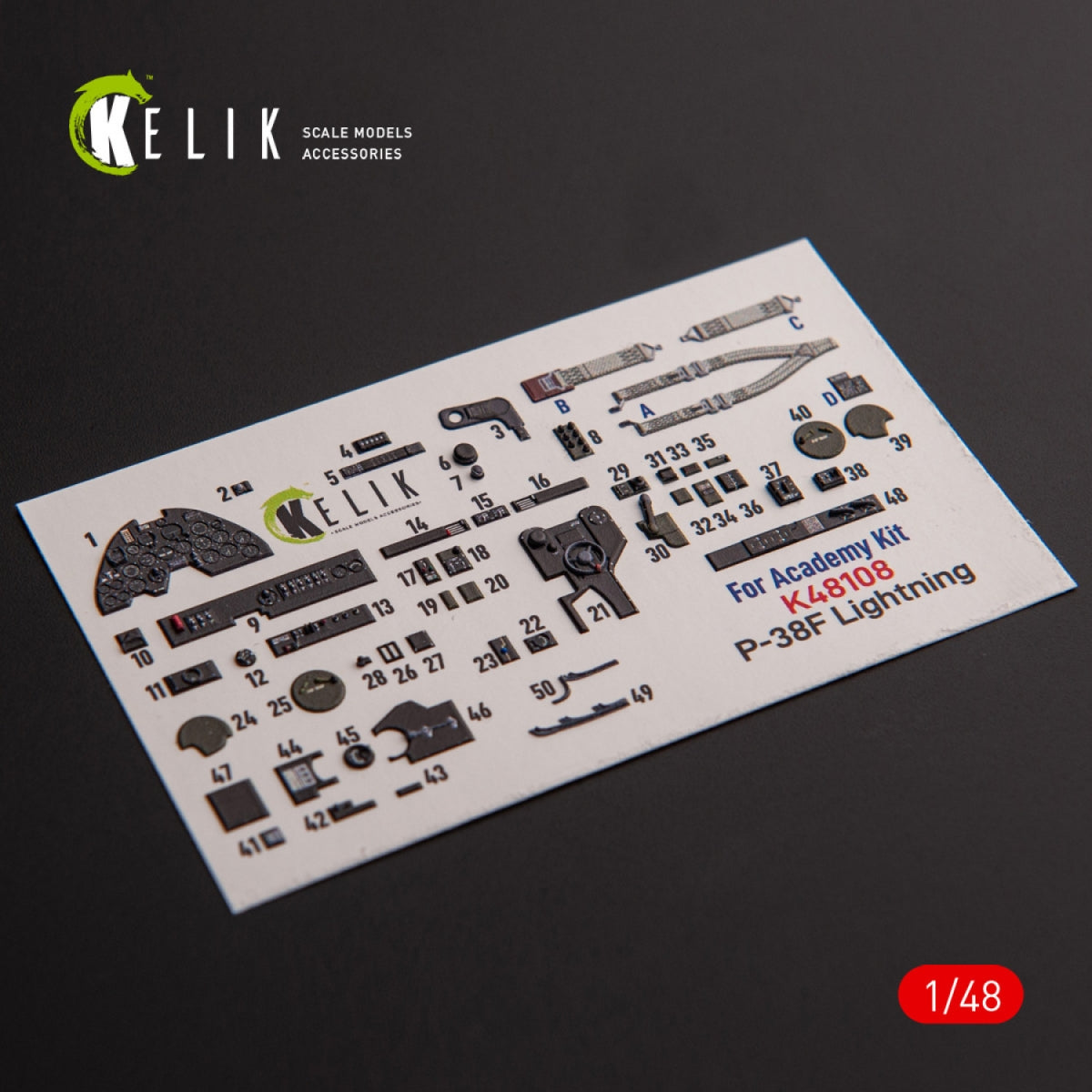 KELIK K48108 P-38F « Lightning » - décalcomanies 3D intérieures pour maquette Academy au 1/48