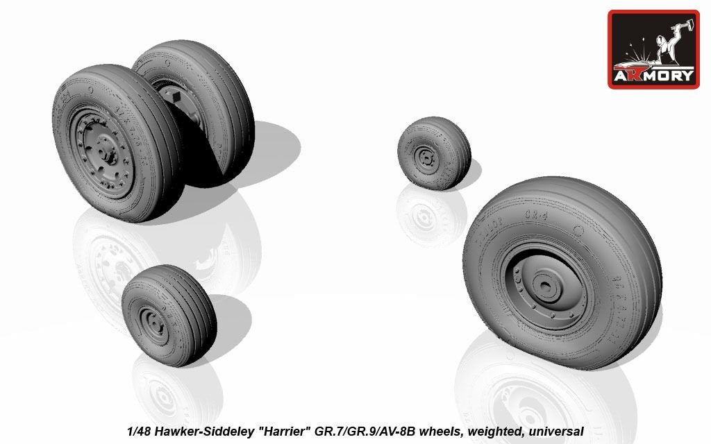Roues avec pneus lestés pour Hawker-Siddeley Harrier GR.7/GR.9/AV-8B (Armory Models AW48405) à l'échelle 1/48