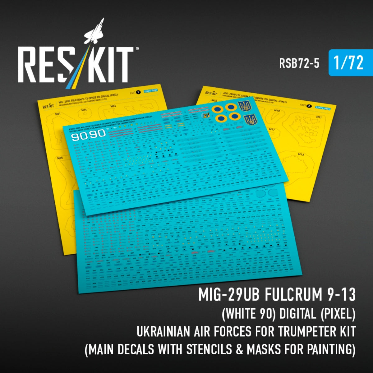 RESKIT RSB72-0005 MiG-29UB Fulcrum 9-13 (White 90) Digital (Pixel) Ukrainian Air Forces for Trumpeter kit (Main Decals with Stencils & Masks for painting)1/72