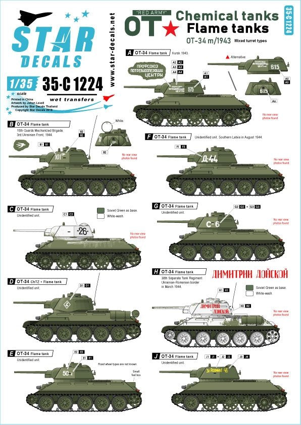 Star Decals 35-C1224 Chars lance-flammes OT-34 de l'Armée rouge, échelle 1/35